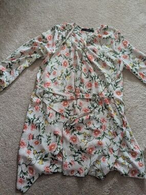 Floral Long Sleeve Kimono in White with Pink & Green Print Summer Cover Up Swim